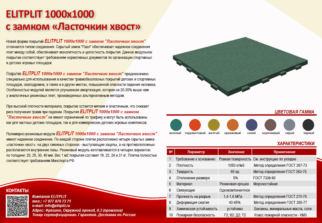 Характеристики резиновой плитки ELITPLIT Ласточкин хвост 1000х1000 мм параметры и свойства